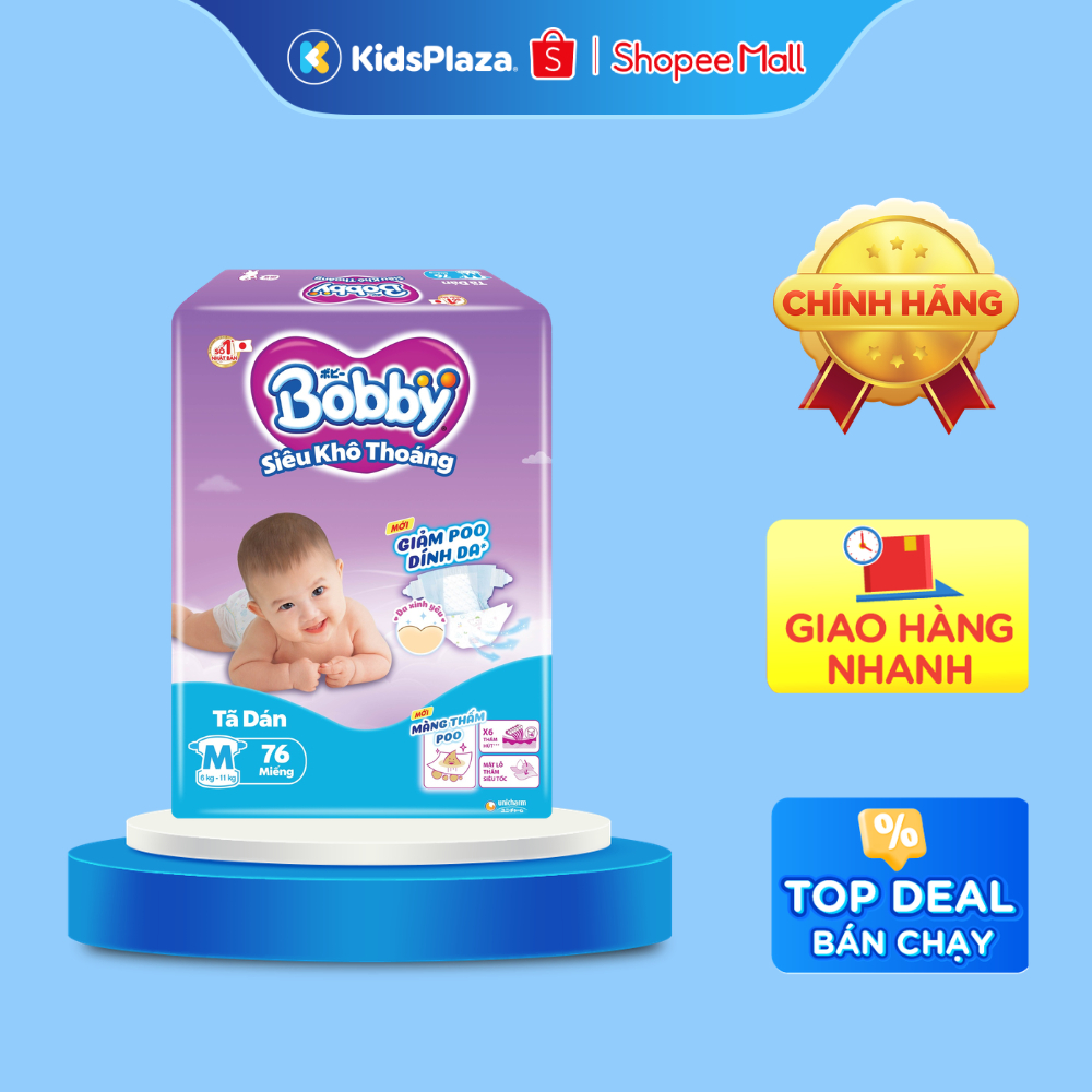 Bỉm - Tã dán Bobby size M 76 miếng (cho bé 6 - 11kg)