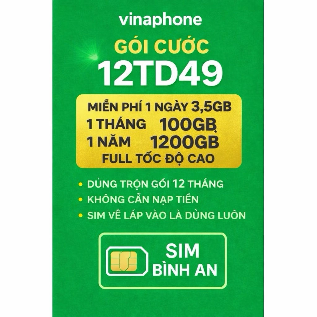 SIM VINAPHONE 12TD49 100GB/THÁNG  LOẠI 12T LẮP VÀO LÀ DÙNG NGAY,DÙNG CHO XE O TÔ,PHÁT WIFI,LIVESTREA