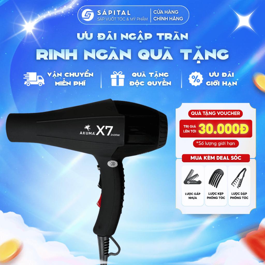 [BẢO HÀNH 3T] Máy Sấy Tóc AKUMA X7 Chính Hãng | Công suất lớn - 3 chế độ nhiệt - Tặng lược tạo kiểu