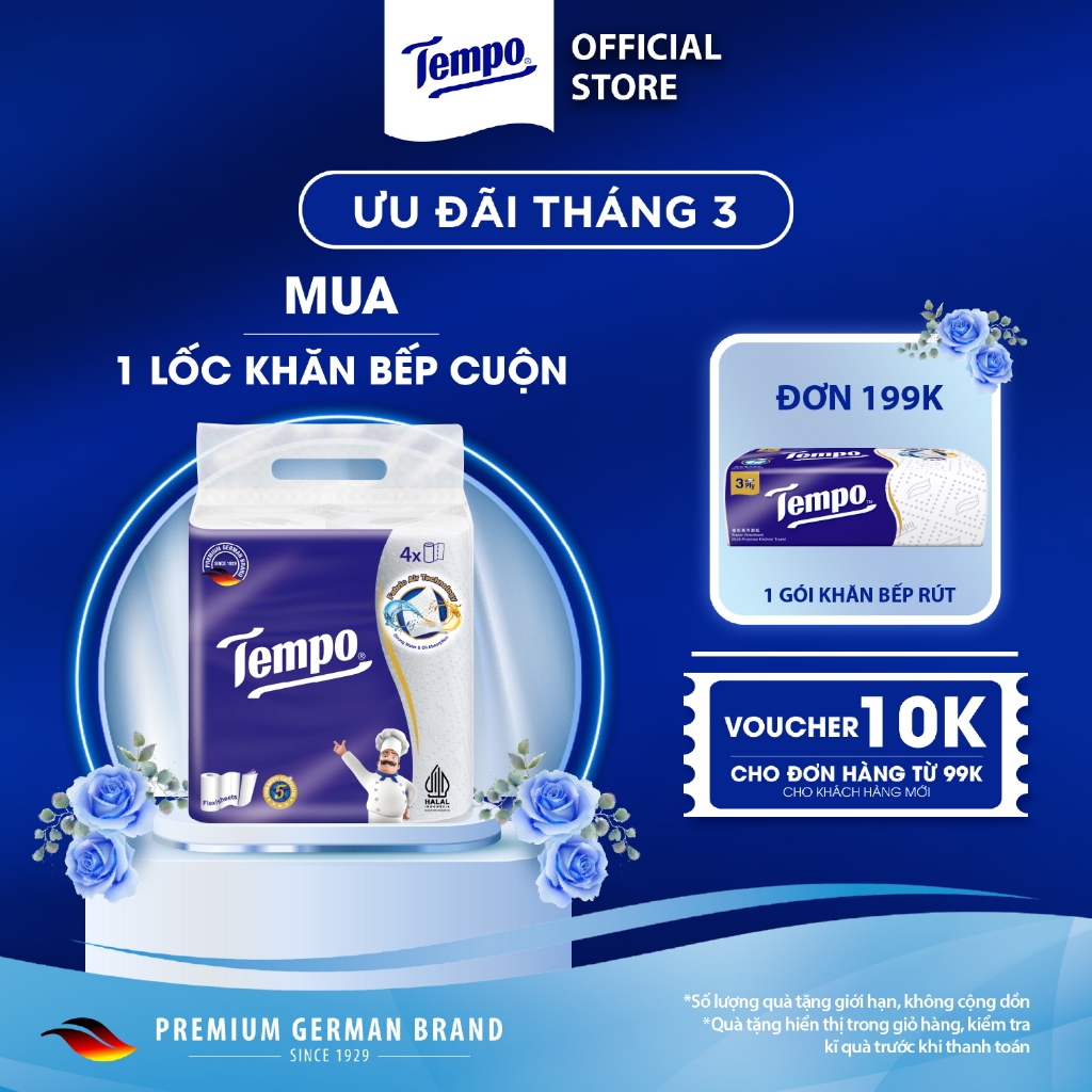 [LỐC 4 CUỘN] Khăn Giấy Bếp Tempo Dạng Cuộn Đa Năng, Siêu Thấm - Thương Hiệu Đức