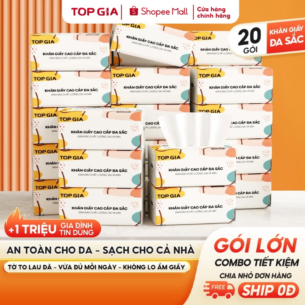 [HÀNG CAO CẤP - KHĂN GIẤY LỚN] Giấy ăn đa sắc Topgia 240 tờ 4 lớp dập vân 4D mềm mịn, thấm hút