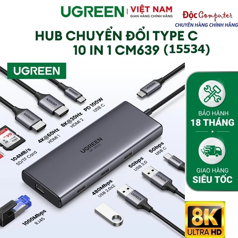 HUB 10 in 1 Bộ chuyển Type C Thunderbolt Revodok Pro 210 ra HDMI, USB, LAN, SD/TF, PD chính hãng Ugr