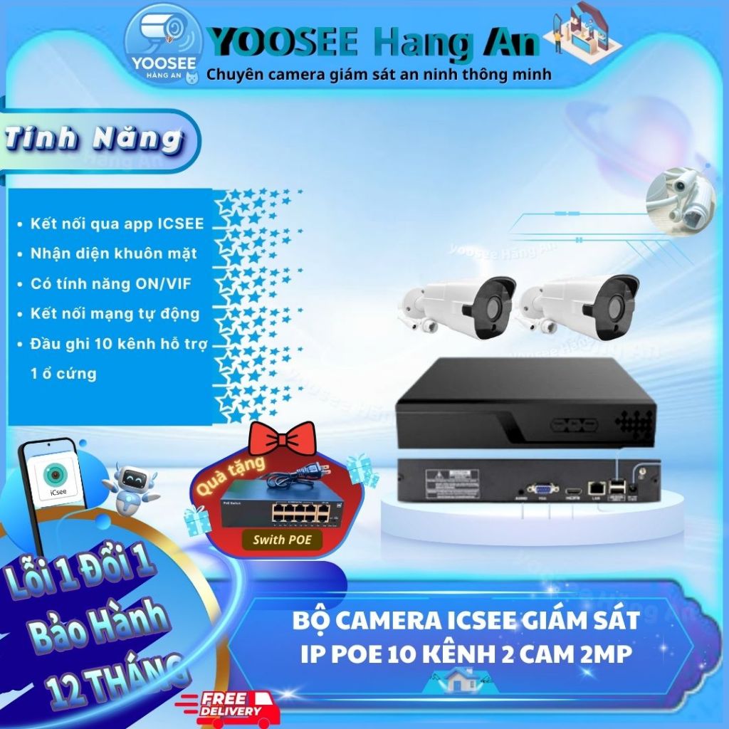 Bộ camera giám sát IP POE iCSee 10 kênh 2MP 1080P