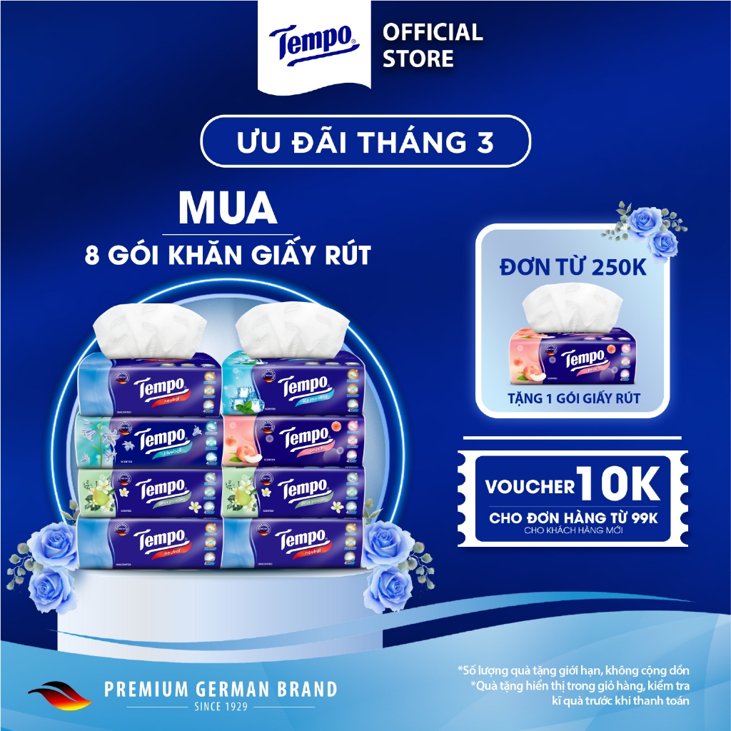 [COMBO 8 GÓI] Khăn Giấy Rút Cao Cấp Tempo - 4 Lớp Bền Dai, An Toàn Cho Da - Thương hiệu