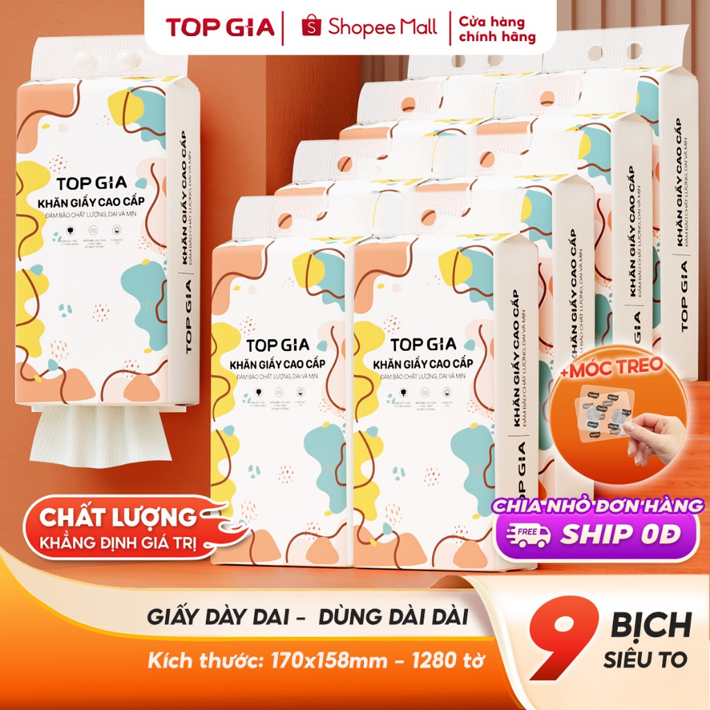 [9 BỊCH BẢN CAO CẤP] Khăn giấy rút Top Gia thùng 9, 6, 2 bịch treo tường tiện lợi siêu dai mềm mịn