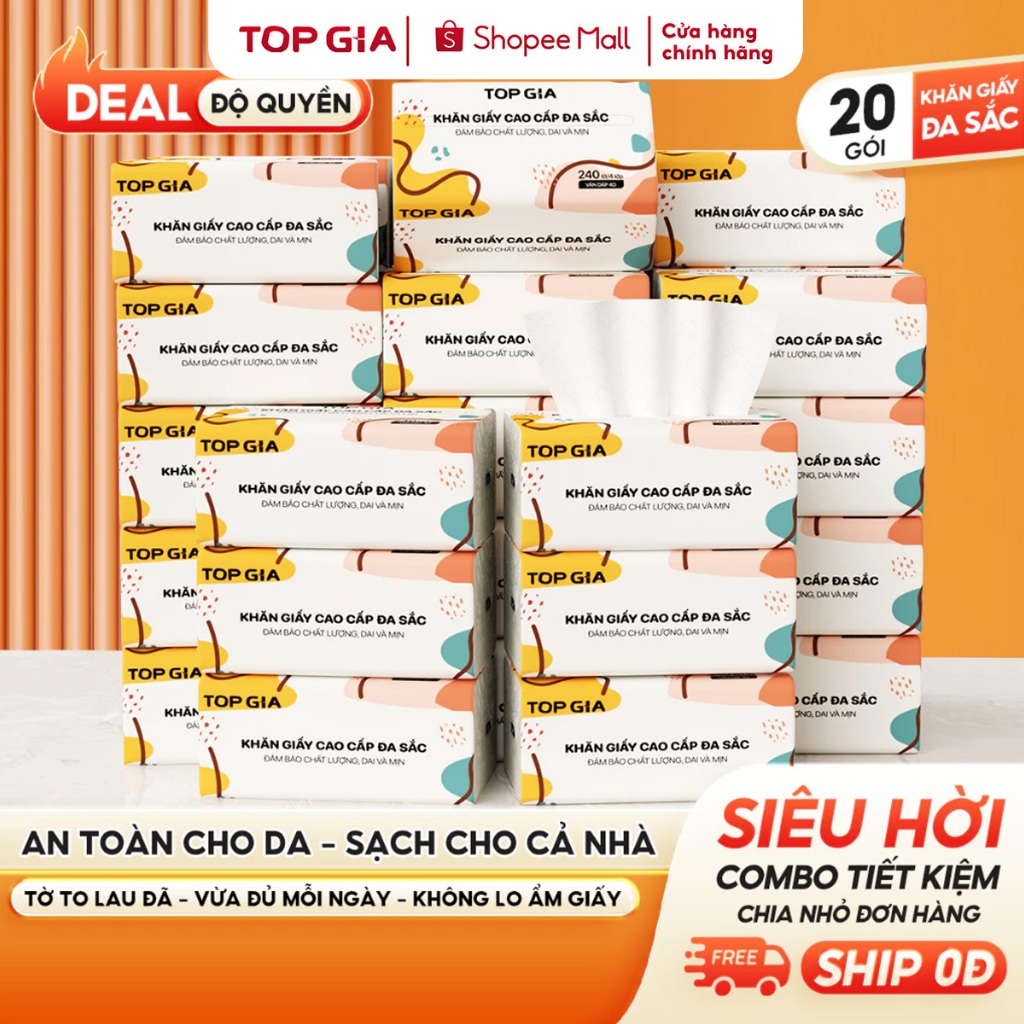 [Deal Độc Quyền] Giấy ăn rút Topgia đa sắc cao cấp 240 tờ 4 lớp, dập vân 4D, mềm mịn, thấm hút tốt