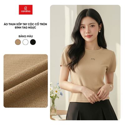 Áo thun nữ CARDINA chất thun xốp tay cộc cổ tròn đính tag ngực 6ATC14
