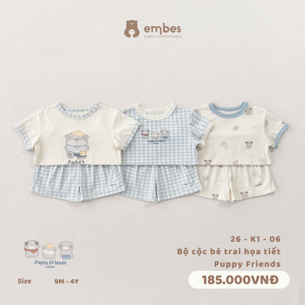 Bộ cộc bé trai hoạ tiết Embes Pupy Friends. Bộ cộc cotton mềm mịn cho bé trai mặc hè BEO.Kids