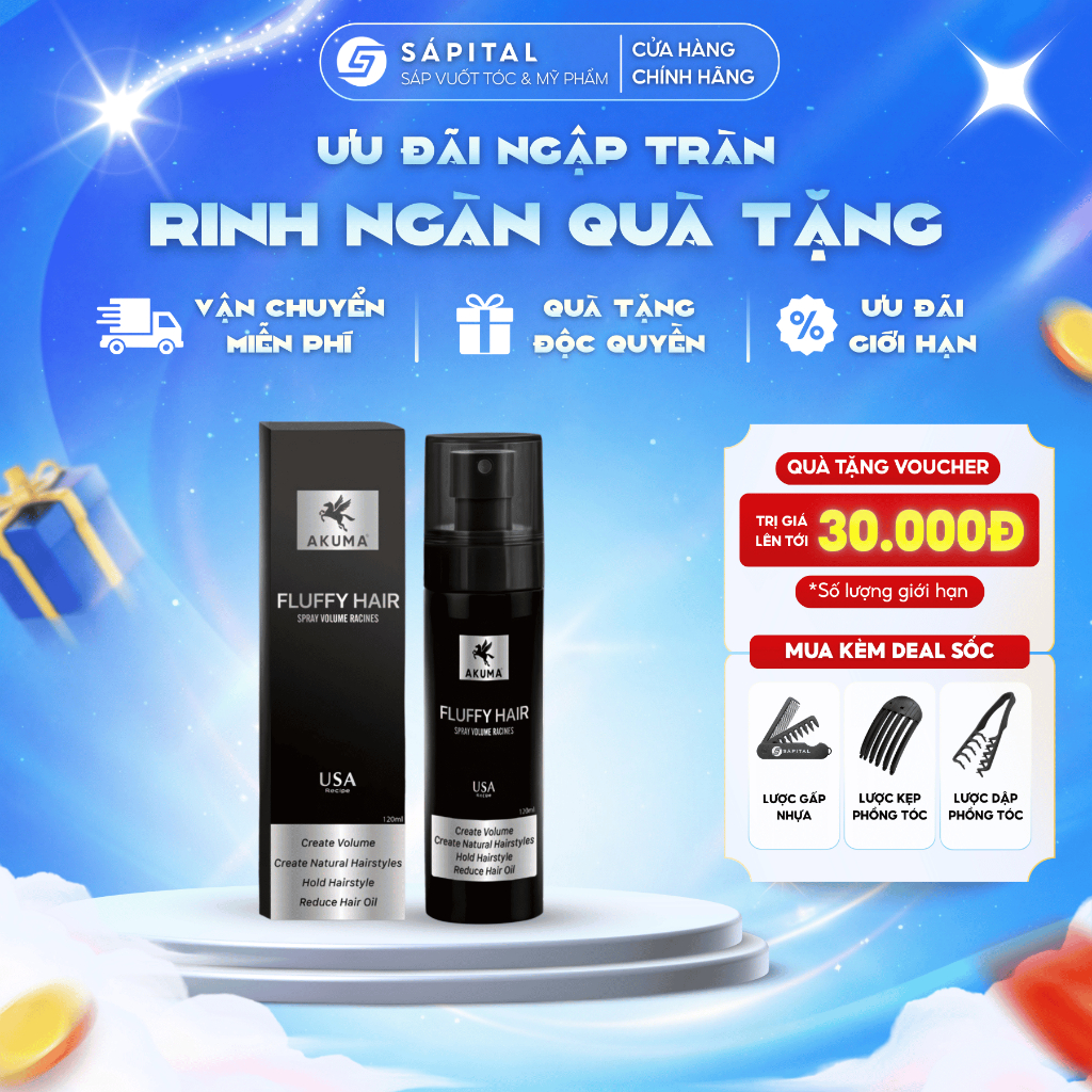Xịt tạo phồng Akuma Fluffy Hair 120ml giúp tóc bồng bềnh - Tạo độ phồng tóc, kiềm dầu tốt