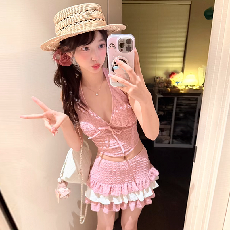 Bikini đi biển 3 mảnh màu hồng đất, đồ bơi nữ có thể phối đồ linh hoạt, đồ đi biển Tuvada - B3M28 | BigBuy360 - bigbuy360.vn