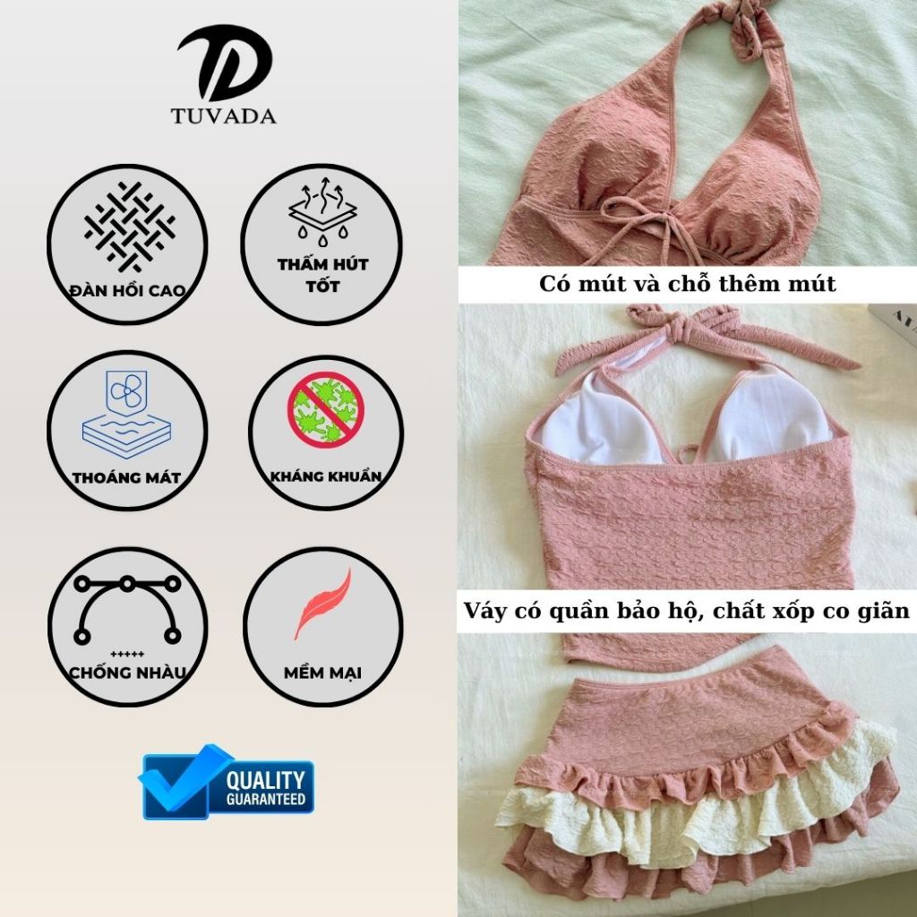 Bikini đi biển 3 mảnh màu hồng đất, đồ bơi nữ có thể phối đồ linh hoạt, đồ đi biển Tuvada - B3M28 | BigBuy360 - bigbuy360.vn