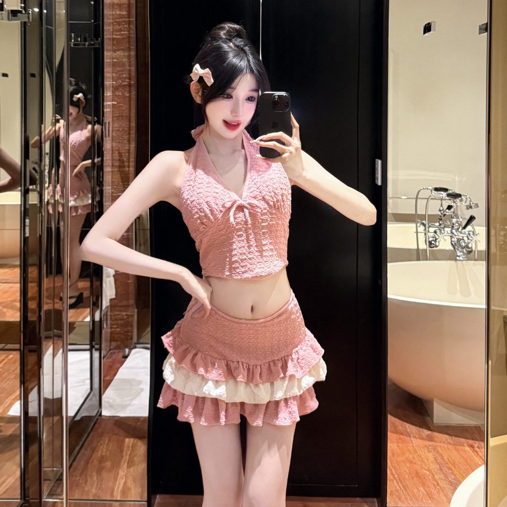 Bikini đi biển 3 mảnh màu hồng đất, đồ bơi nữ có thể phối đồ linh hoạt, đồ đi biển Tuvada - B3M28 | BigBuy360 - bigbuy360.vn