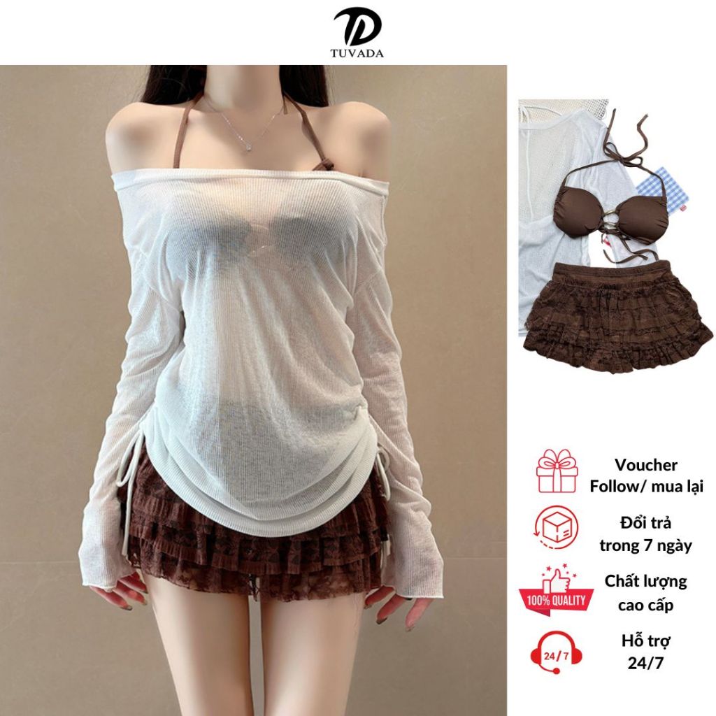 Bikini 3 mảnh có váy xòe che khuyết điểm, đồ bơi nữ kèm áo choàng bikini, đồ đi biển Tuvada - B3M29