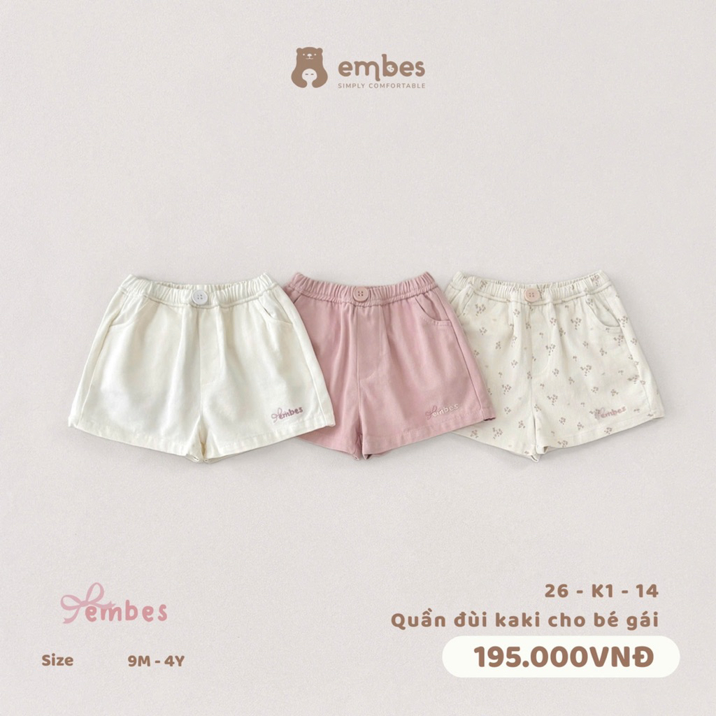 Quần đùi kaki cho bé gái Embes. Quần short mùa hè cho bé gái từ 8kg đến 18kg BEO.Kids