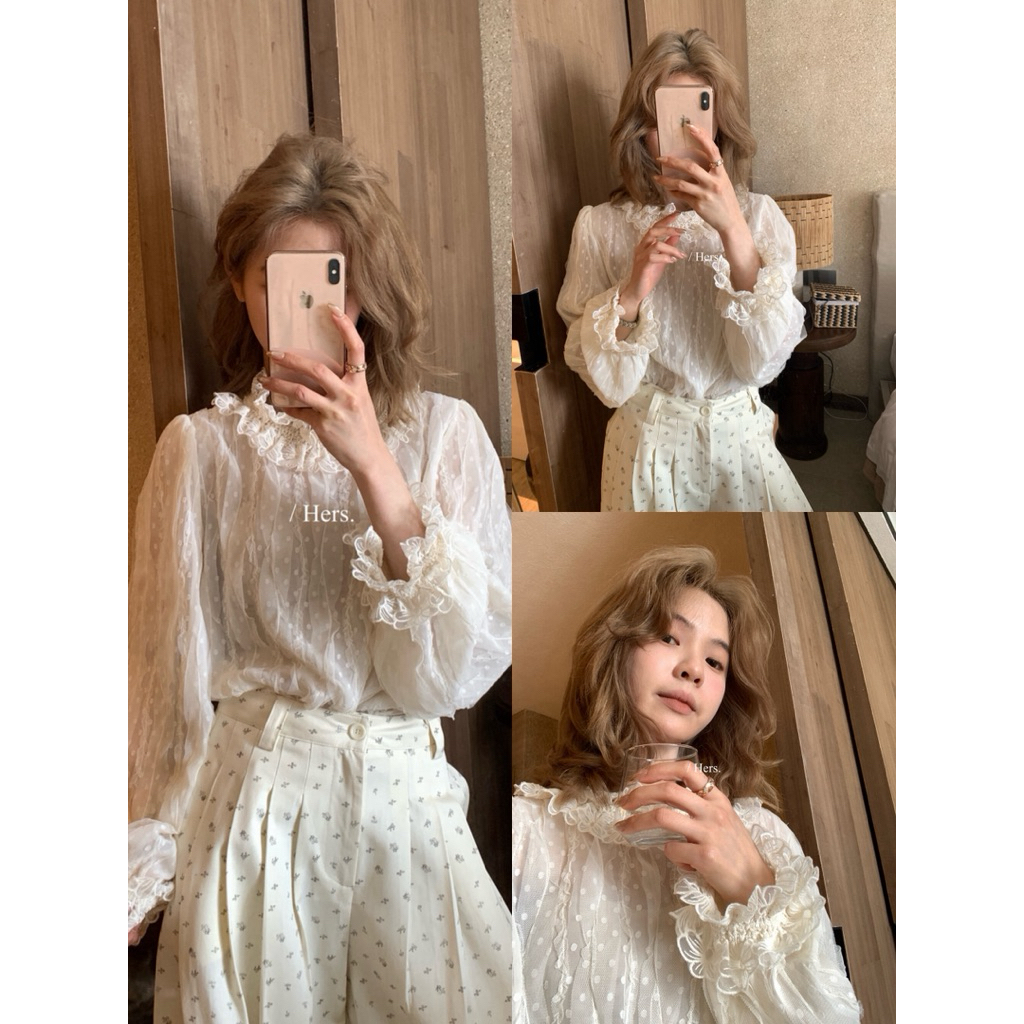 𝐢𝐦𝐜𝐡𝐢𝐜.𝟐𝟐𝐬 | Áo Sơ Mi Voan Chấm Bi Cổ Hoa Ren Hers