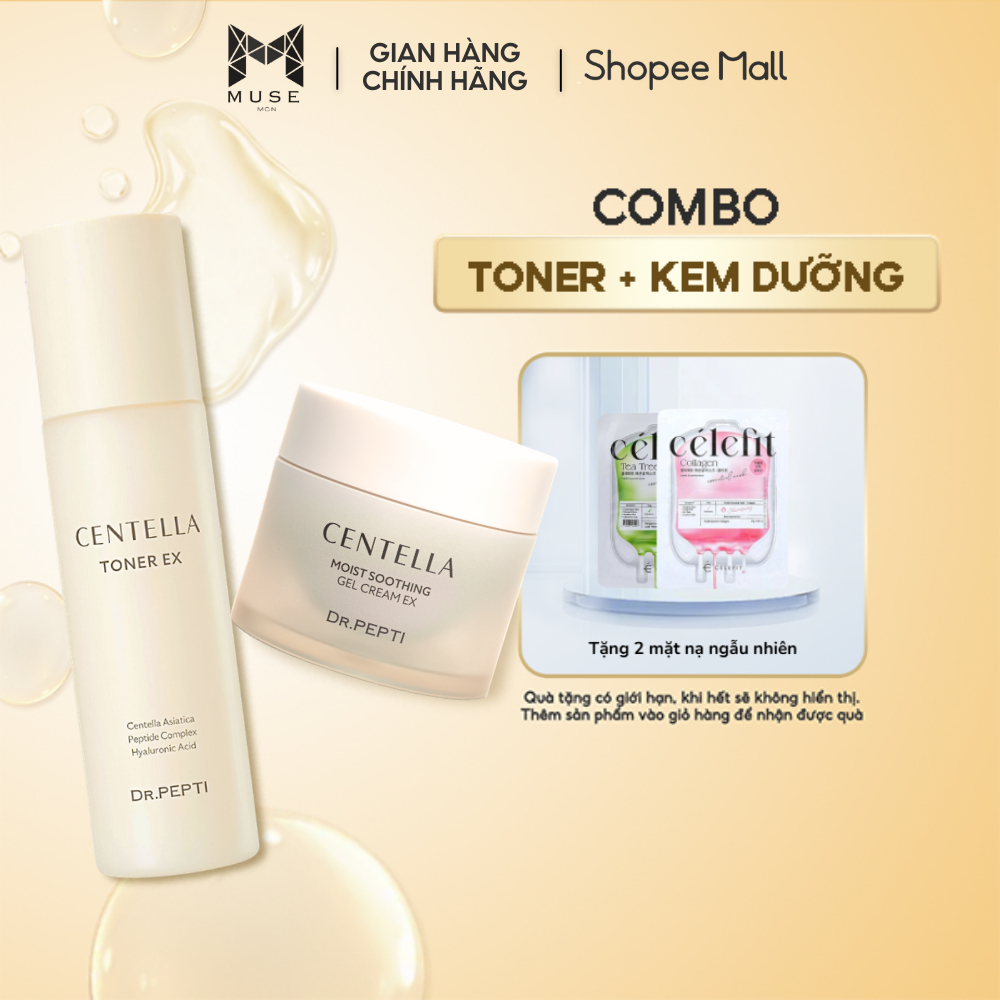 COMBO Nước Hoa Hồng Dr.Pepti Centella Toner Ex 180ml + Kem Dưỡng Dr.Pepti Centella Moist Soothing Ge
