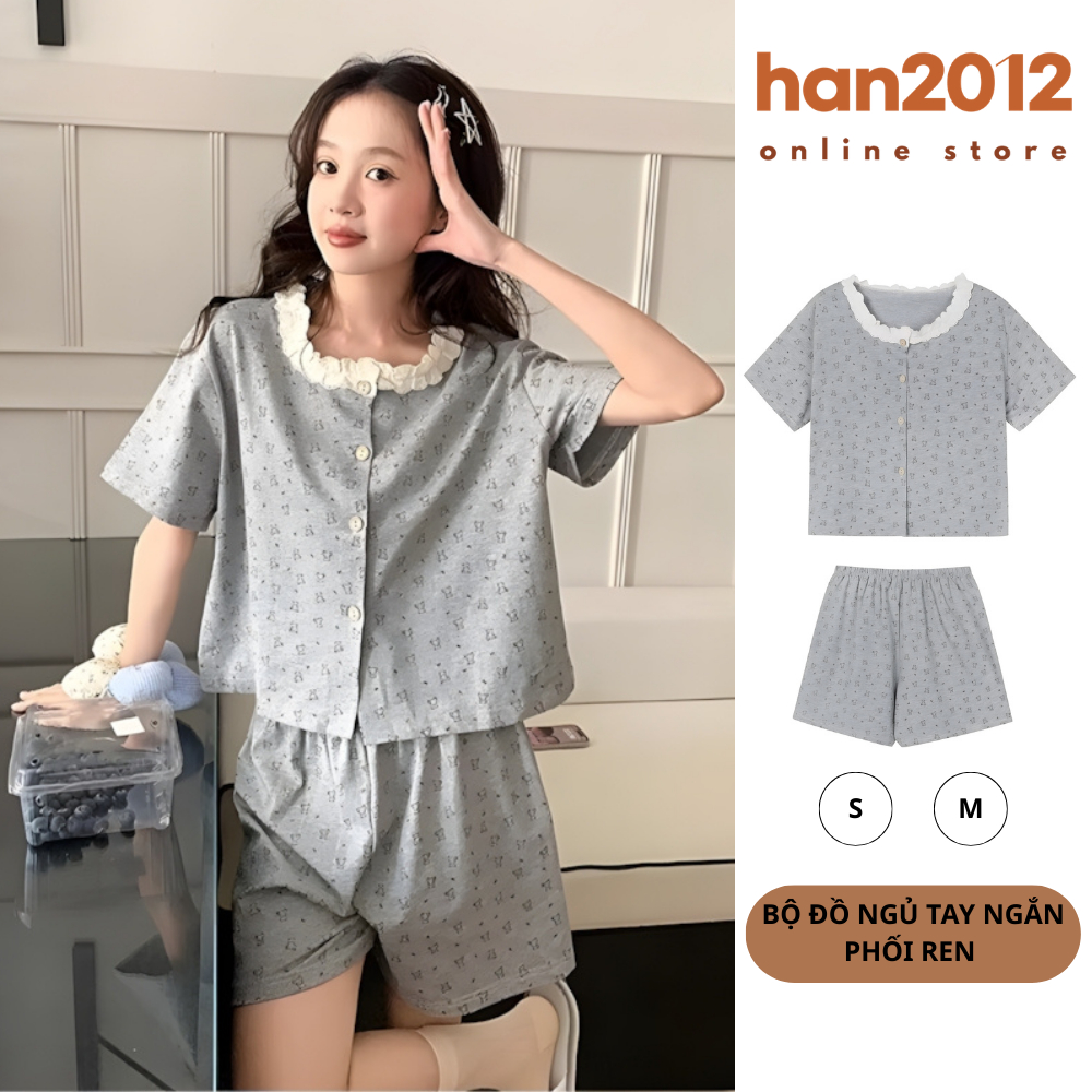[han2012] Bộ Đồ Ngủ Nữ Cộc Tay Họa Tiết Gấu Nhí Cổ Viền Ren Dễ Thương, Đồ Mặc Nhà Cotton Cao Cấp Mềm