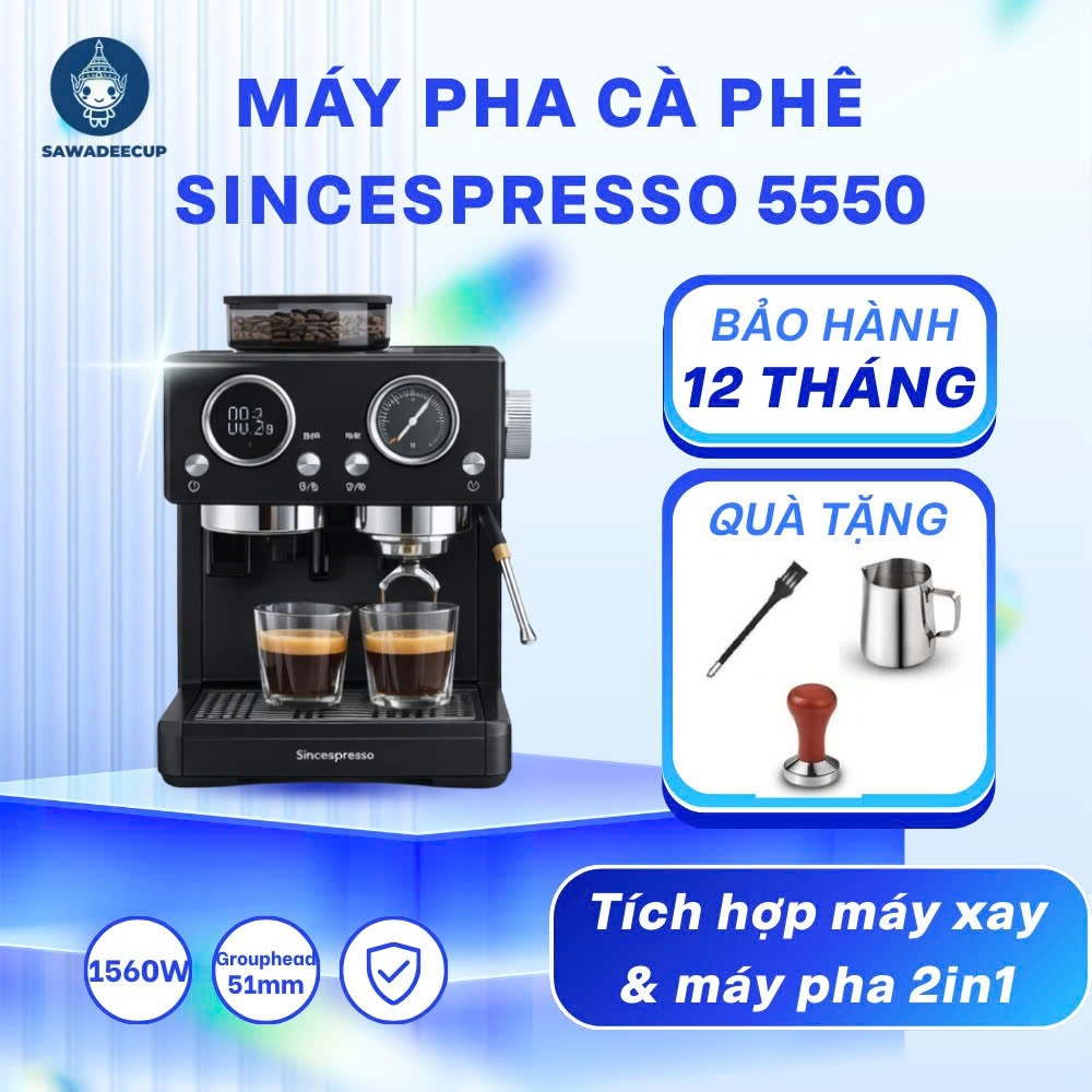 Máy Pha Cà Phê Sincespresso 5550 Tích Hợp Xay Hạt 2in1, Máy Pha Cafe Bán Tự Động - Sawadeecup