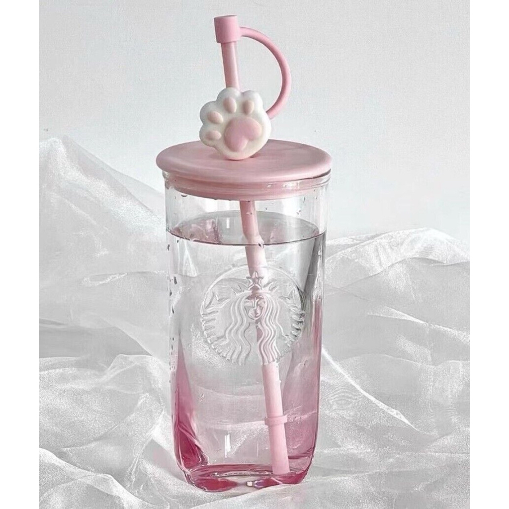 New Starbucks 2023 China Pink Cat Paw Topper 16oz Triangle Glass Cup Tumbler