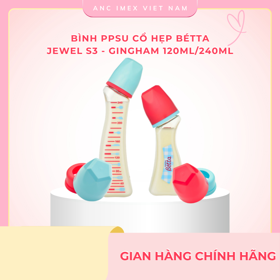 Bình bảo quản sữa Betta cổ hẹp - Jewel S3 - Gingham 120/240ml