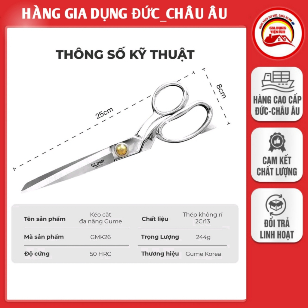 KÉO CẮT GÀ ĐA NĂNG GUME KOREA 25CM, THÉP 2Cr13 CAO CẤP, SẮC BÉN, AN TOÀN