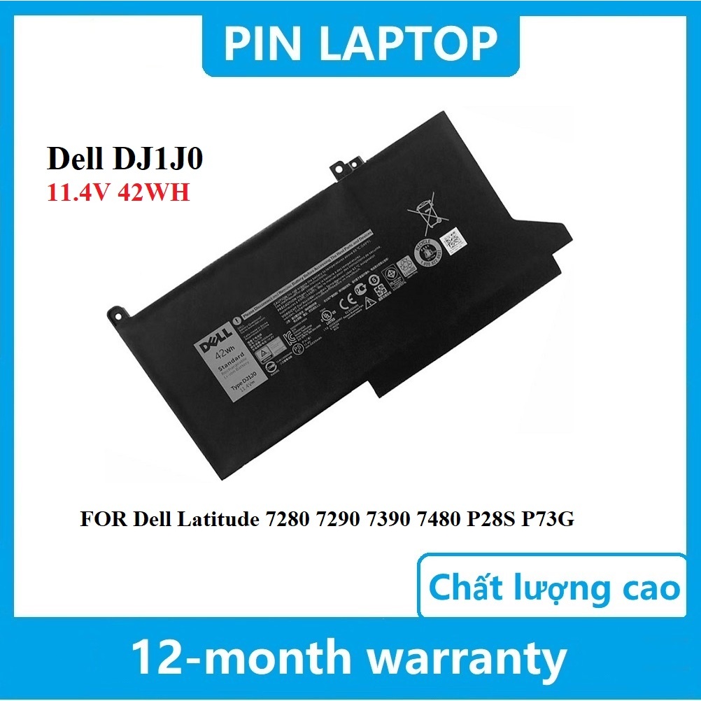 ☸Pin Zin Laptop Dell Latitude 7280 7290 7390 7480 P28S P73G DJ1J0 battery 11.4V 42WH