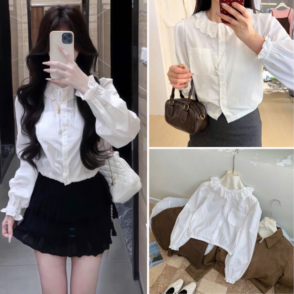 Áo Sơ Mi Trắng Croptop Bo Chun Bèo Ren Tay Phồng Có Túi Ngực, Labibi