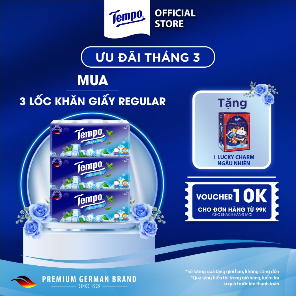 [COMBO 3 LỐC x 10 GÓI] Khăn Giấy Bỏ Túi Regular 10 Cao Cấp Tempo- 4 lớp bền dai - Thương hiệu Đức