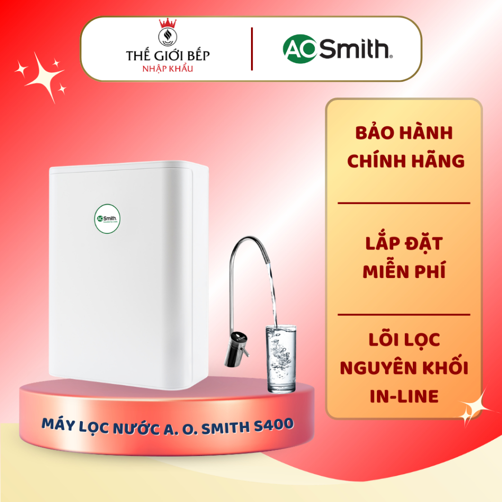 Máy Lọc Nước A.O. Smith S400 (aosmith) - 3 Lõi Lọc Cao Cấp, Lọc Trực Tiếp, Báo Thay Lõi Thông Minh