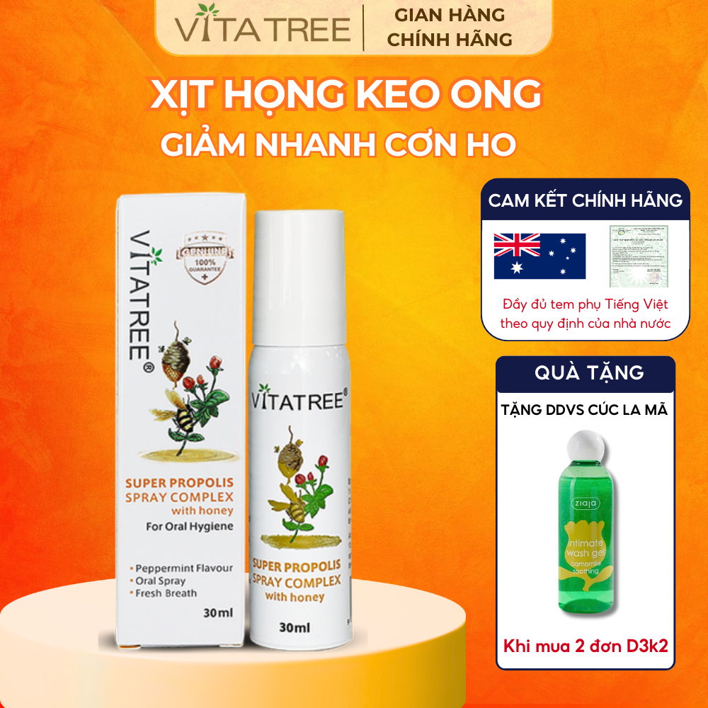 Xịt họng keo ong Vitatree Super Propolis Spray Complex with honey giảm ho đau ngứa rát họng hiệu quả