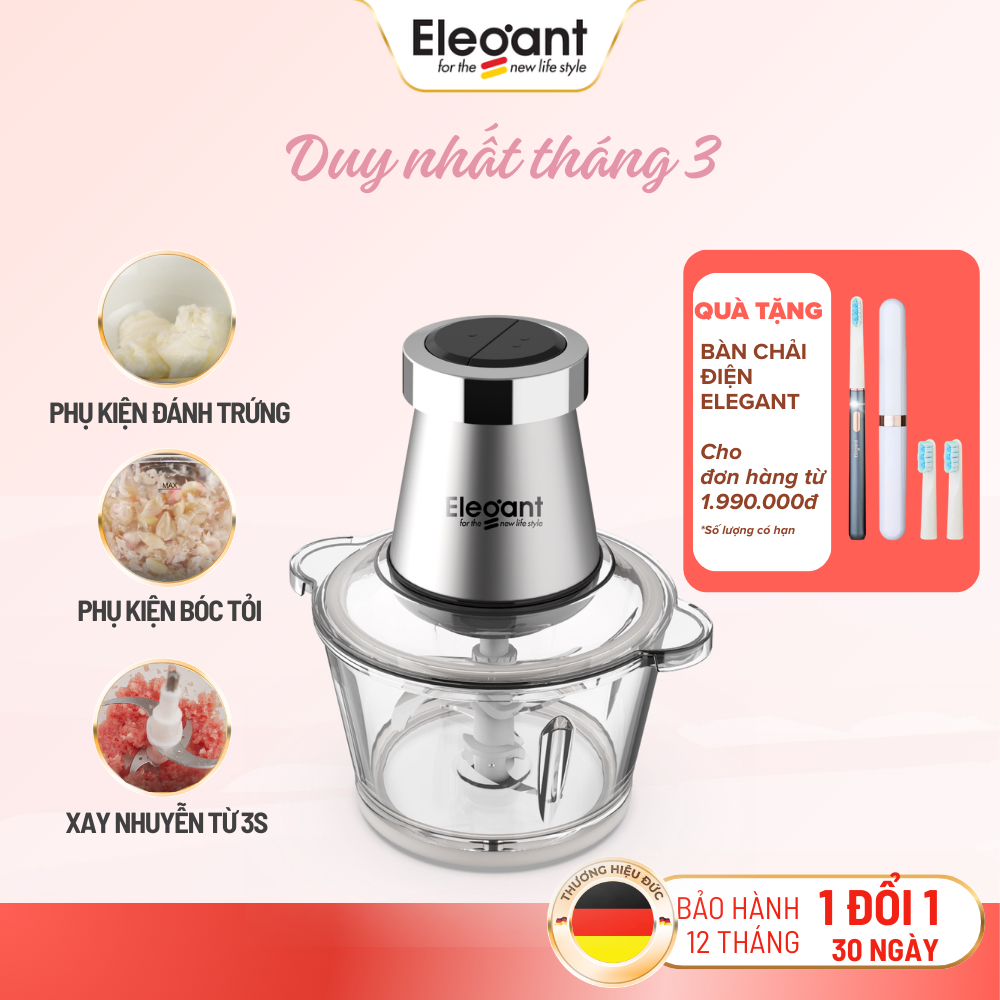 [Bảo hành 1 đổi 1] Máy Xay Thịt Đa Năng Elegant FCJ08 - 3in1 - Đánh Trứng, Bóc Tỏi, Xay Thực Phẩm, Lưỡi Dao Thép