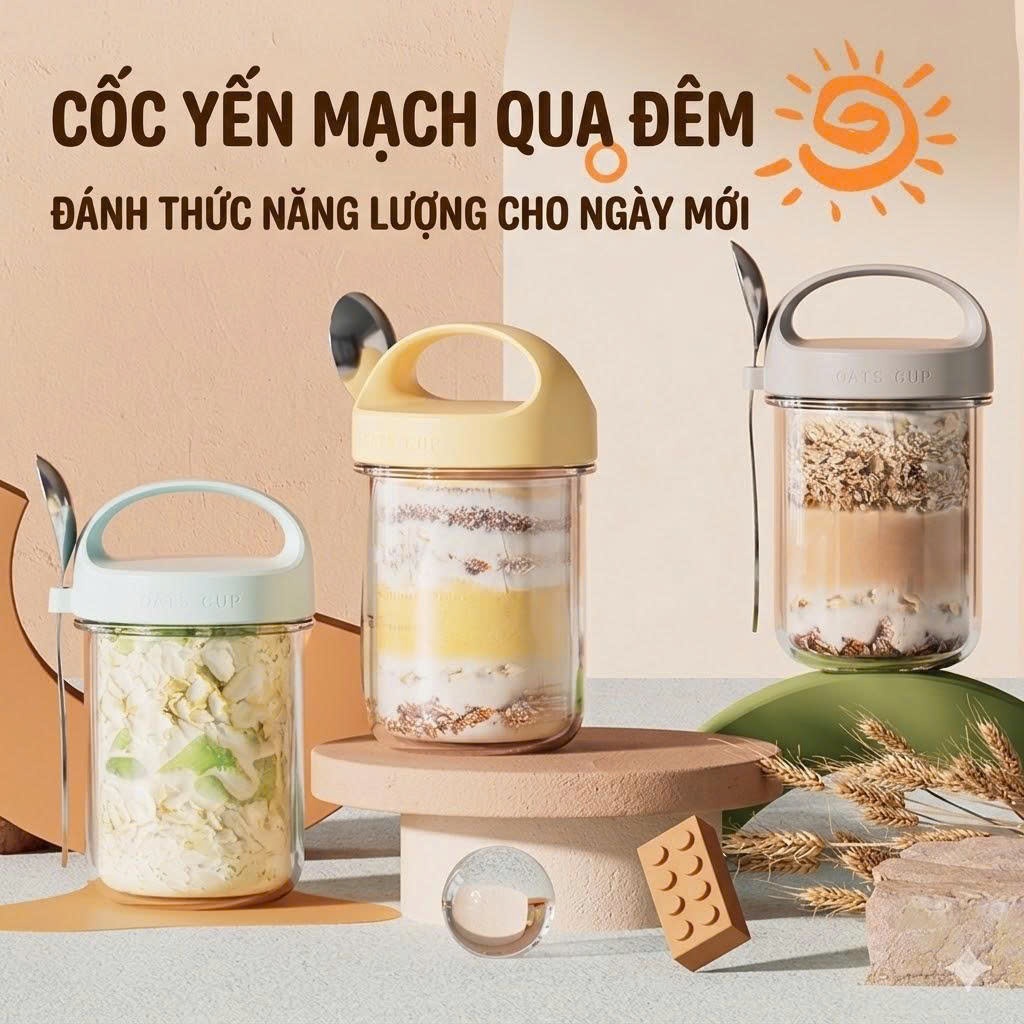 Cốc thuỷ tinh ăn ngũ cốc yến mạch nắp tay cầm kèm thìa 430ml