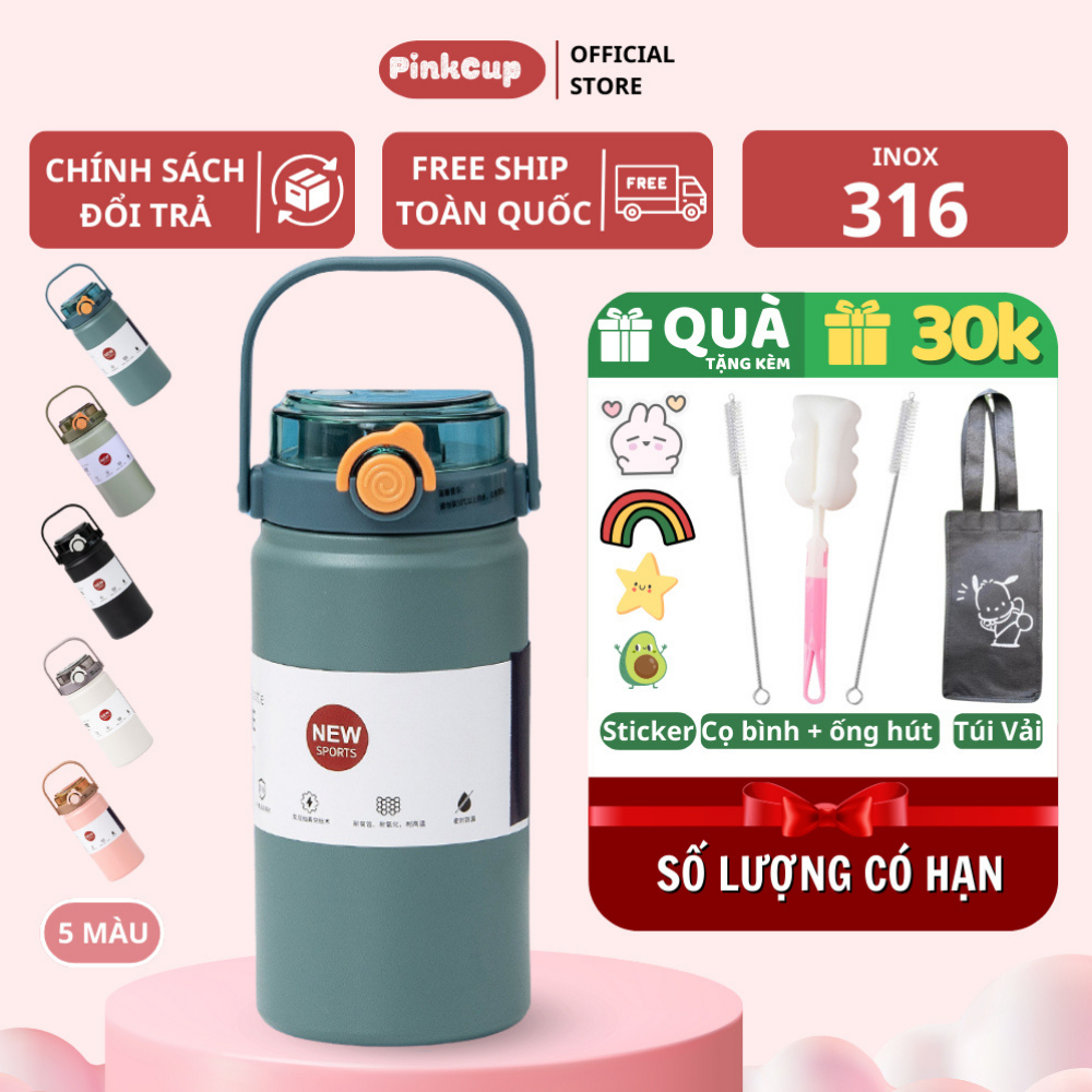 Bình Giữ Nhiệt Khắc Tên Inox 316 1000ml/1200ml, Bình Nước Khắc Tên Có Ống Hút, Ly Giữ Nhiệt Nóng Lạnh 24h Pinkcups