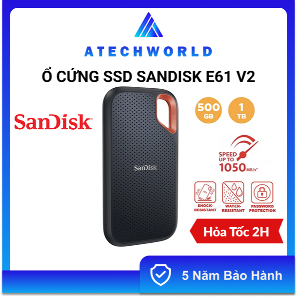 Ổ Cứng Di Động SSD Sandisk E61 V2 500GB 1TB 2TB 4TB USB 3.2 Tốc Độ 1050MB/S  – Hàng Chính Hãng - BH 