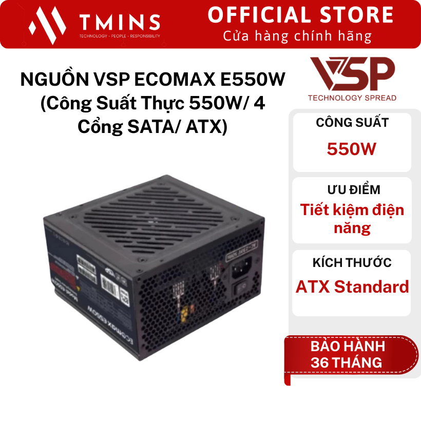 Nguồn VSP EcoMax E550W (Công Suất Thực 550W/ 4 Cổng SATA/ ATX) - Hàng chính hãng