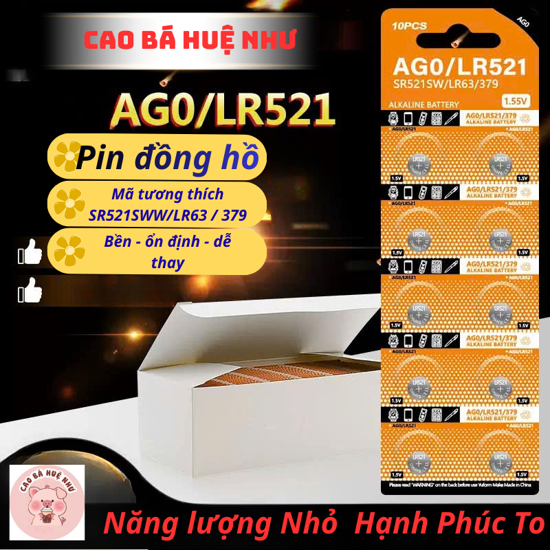 1 Vỉ 10 Viên AG0/ LR521/ 379/ LR69/ SR521SW Cúc Áo 1.55V cho Đồng Hồ Điện Tử, Nhiệt Kế, Đồ Chơi