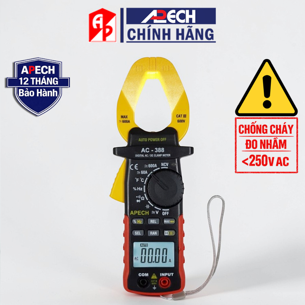 Đồng hồ kẹp dòng AC/DC 600A - Ampe kìm điện tử APECH AC-388 chống cháy đo nhầm <250V
