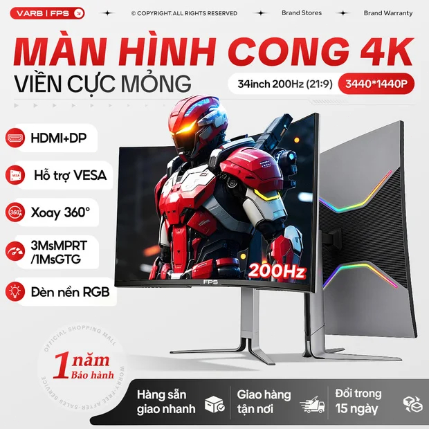 Màn Hình Cong Gaming 34 Inch 200Hz 1ms HDR 2K 3440x1440 Tỷ Lệ 21:9 Chân Nâng Hạ Viền Mỏng (Tặng Kèm 
