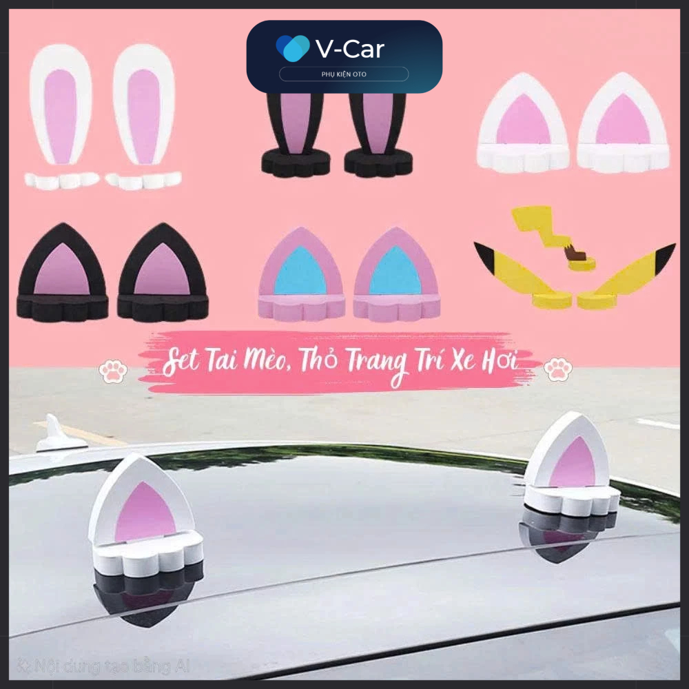 Phụ kiện tai mèo, tai thỏ, tai pikachu gắn nóc xe ô tô siêu ngộ nghĩnh đáng yêu
