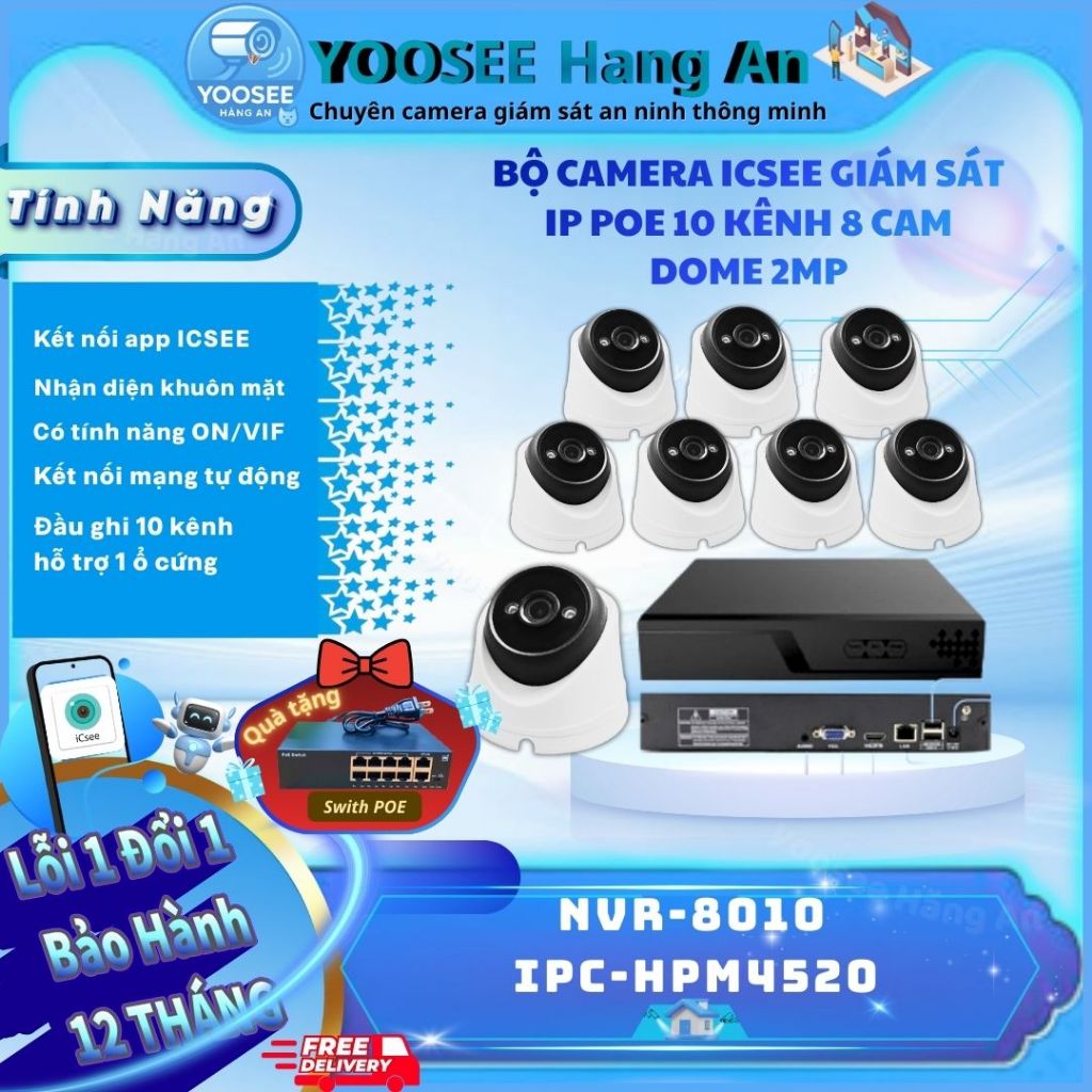 Bộ camera iCSee giám sát IP POE Đầu ghi 10 kênh + Camera DOME độ phân giải 2MP