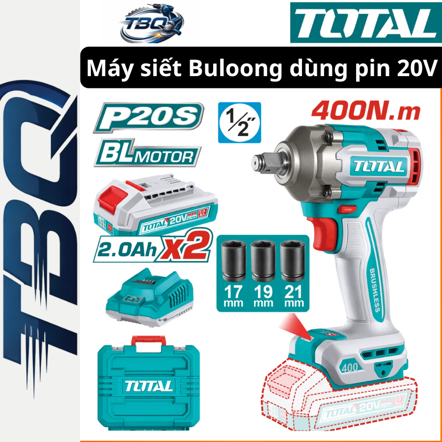 Máy Siết Bulông Pin 20V TOTAL TIWLI2040 - Động Cơ Không Chổi Than, Lực Siết 400Nm, Lực Mở 550Nm