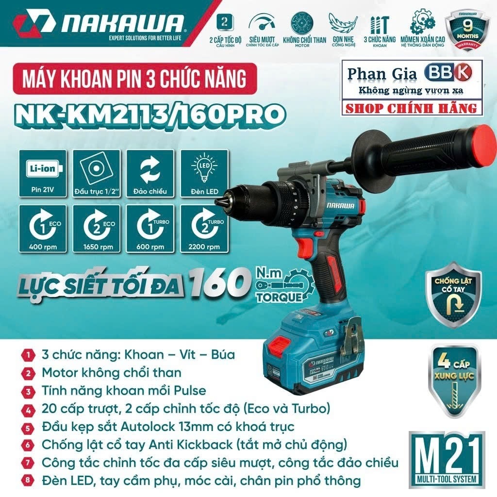 Máy Khoan Pin Hiệu NAKAWA NK-KM2113/160PRO Lõi Đồng 100%