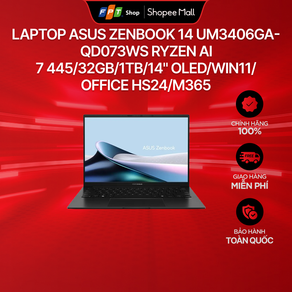 [Chỉ GH tận nơi] Laptop Asus Zenbook 14 UM3406GA-QD073WS Ryzen AI 7 445/32GB/1TB/14" OLED/Win11/Offi