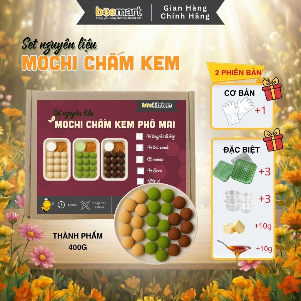 [Tặng Hộp+Hũ]Set làm bánh Mochi chấm kem Phomai dẻo béo - Thành phẩm 3 hộp bánh kèm sốt kem ngậy