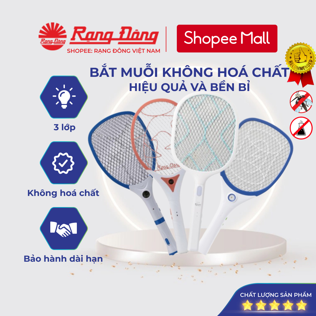Vợt muỗi Rạng Đông, bắt và diệt côn trùng bằng lưới điện, đèn báo sạc pin tiện lợi, MODEL