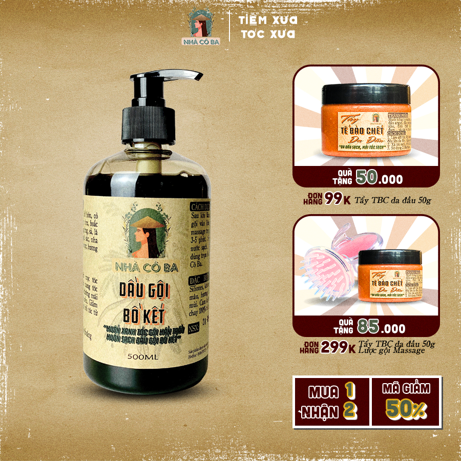 Dầu Gội Bồ Kết thảo dược sạch da đầu giảm gàu rụng tóc kích mọc tóc Nhà Cô Ba 500ml
