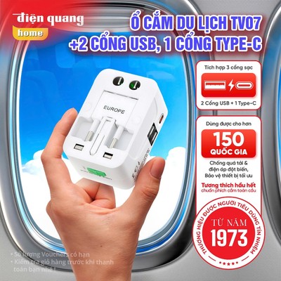 [HOẢ TỐC] Ổ cắm du lịch Điện Quang ESK TV07 ( Màu trắng, 2 cổng USB, 1 cổng type C, thích hợp phích cắm hơn 150 nước)