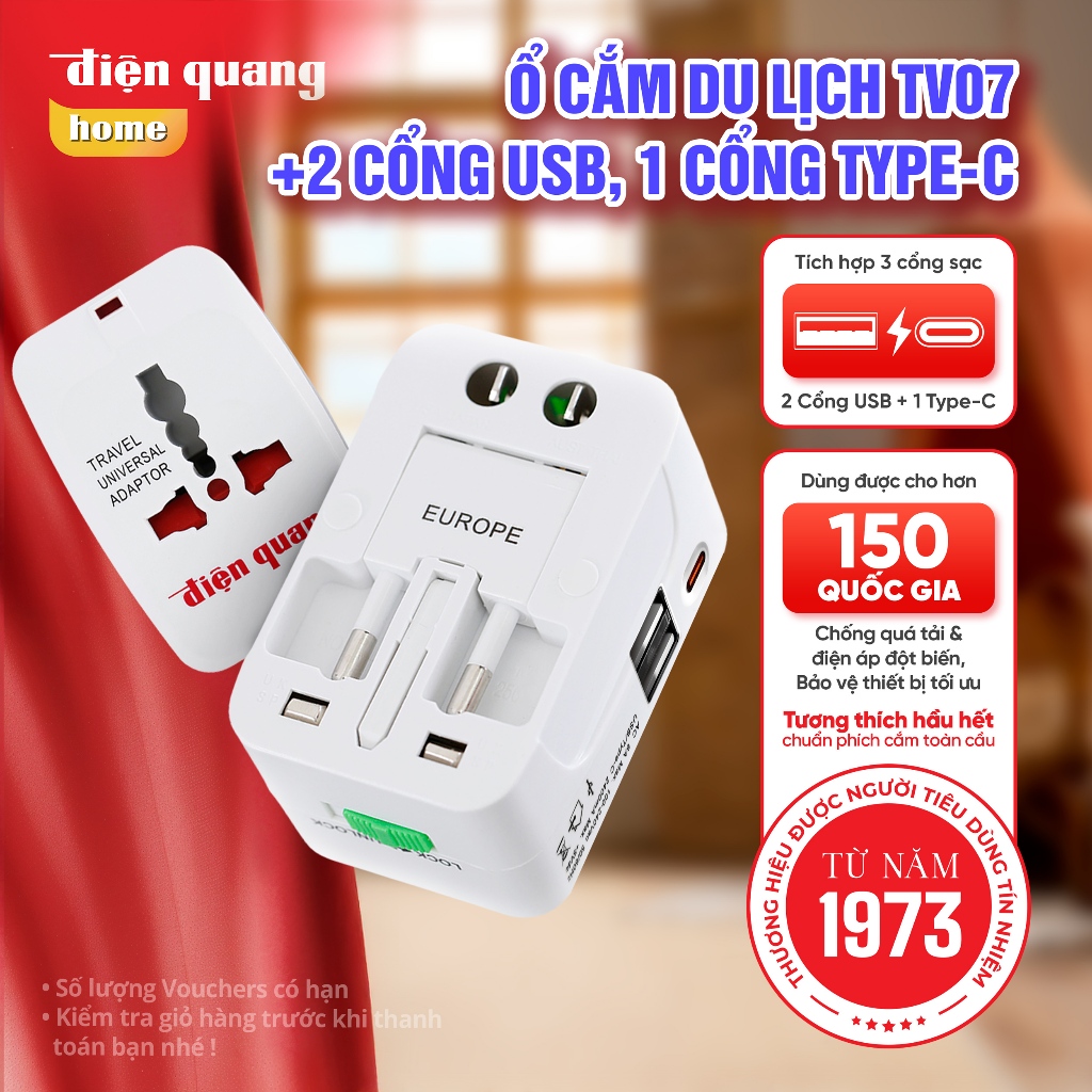 [HOẢ TỐC] Ổ cắm du lịch Điện Quang ESK TV07 2U 1C ( Màu trắng, 2 cổng USB, 1 cổng type C, bảo hành 1
