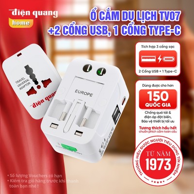 [HOẢ TỐC] Ổ cắm du lịch Điện Quang ESK TV07 2U 1C ( Màu trắng, 2 cổng USB, 1 cổng type C, bảo hành 12 tháng)