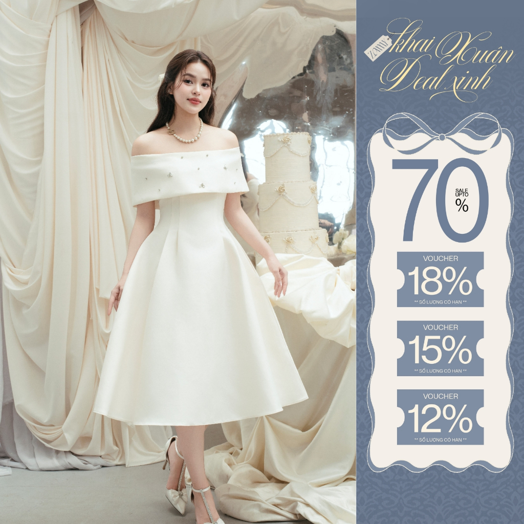 ZAMY SHOP - Váy TK tafta trễ vai đính đá đầm dự tiêc sang chảnh, váy tiểu thư nhẹ nhàng,váy nữ 2025